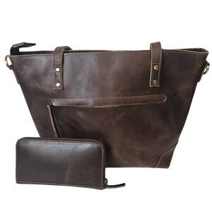 Brown rustic leather tote/computer bag with wallet.